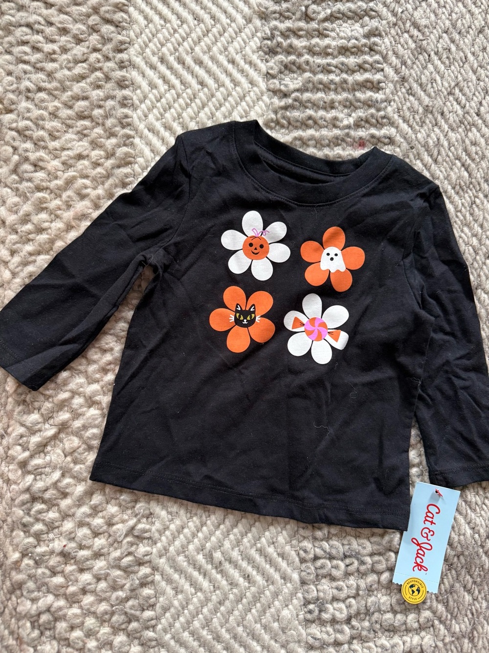 12M Cat & Jack Black Long-Sleeve Tee with Orange White Flower Graphics Halloween